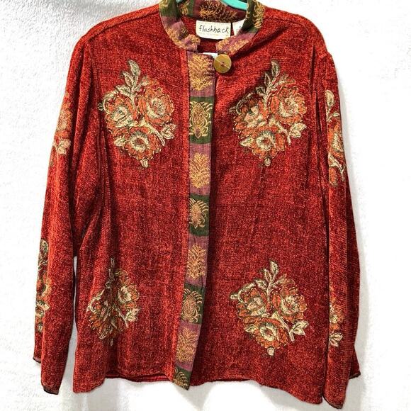 Flashback Vintage Red Chenille Embroidered Jacket Sz Medium Tapestry Oriental - Picture 1 of 5